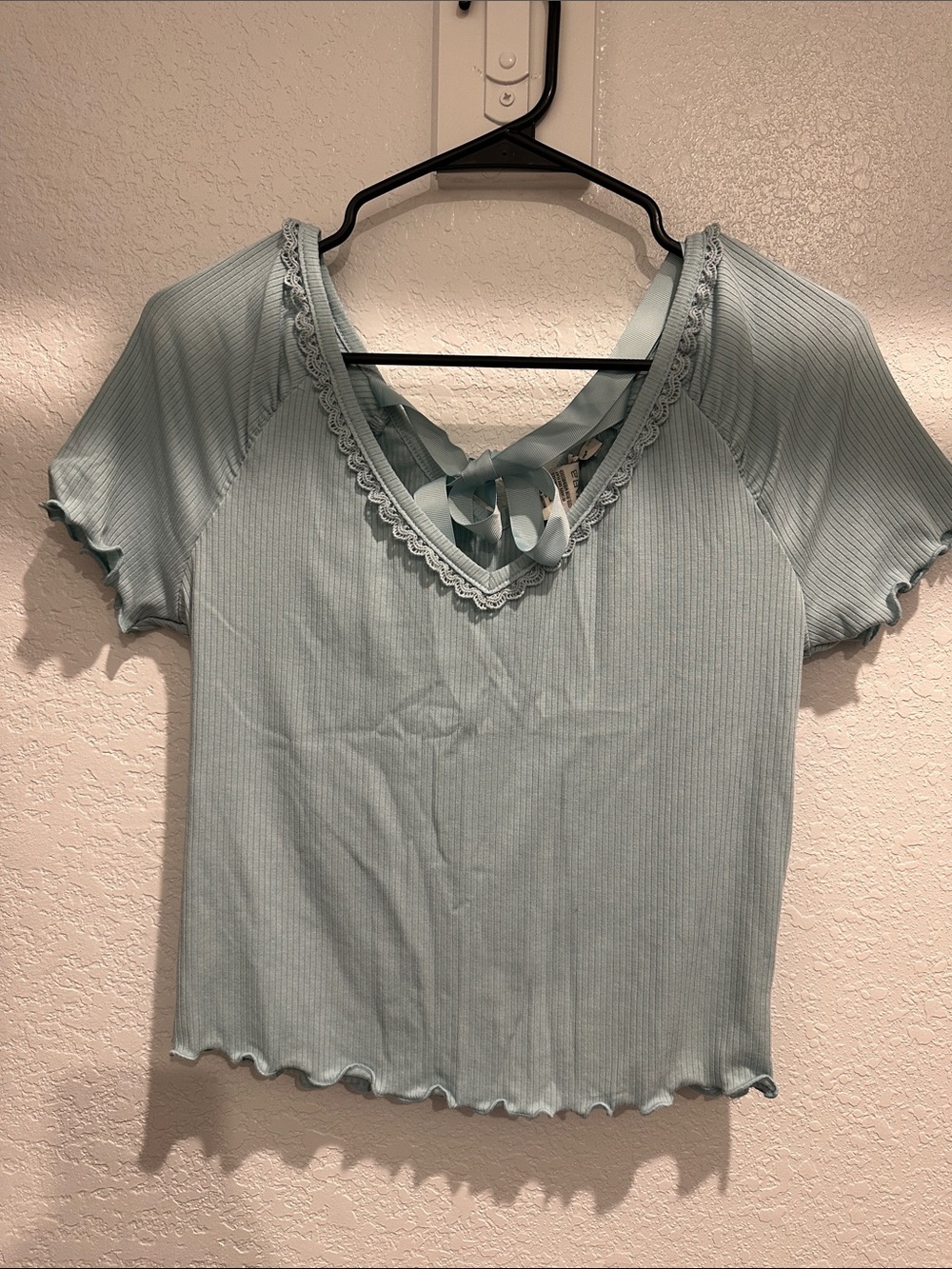 American Rag Light Blue Ribbed Lace-Trim V-Neck Crop Top with Tie Back
